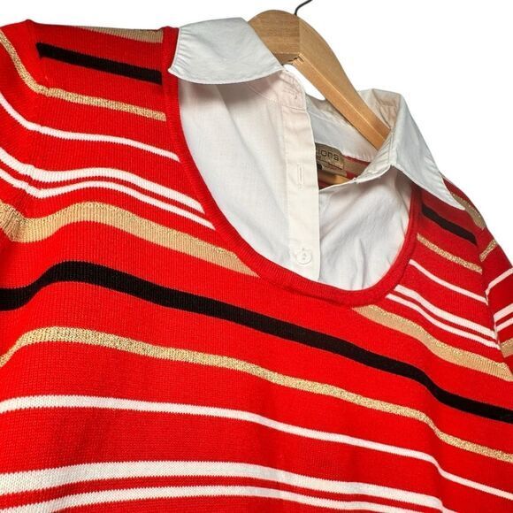 Notations Red Striped Gold Glitter Detail Collared Pullover Sweater. 2X. Plus. - Picture 2 of 7